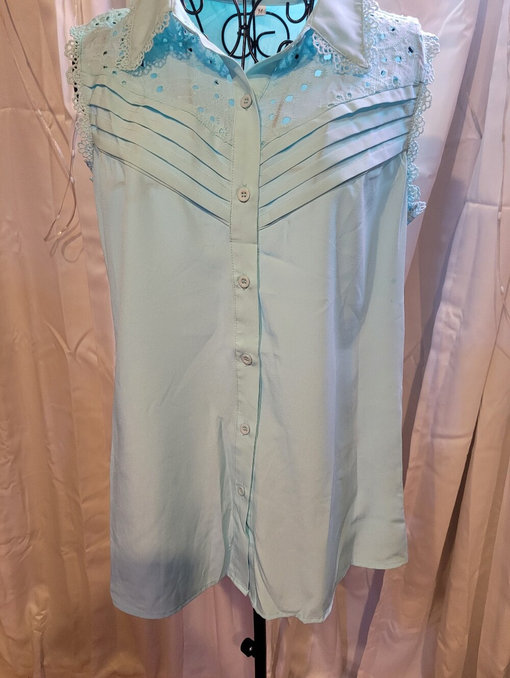 Light Blue Sleeveless Lace-Yoke Button Front Women's Top